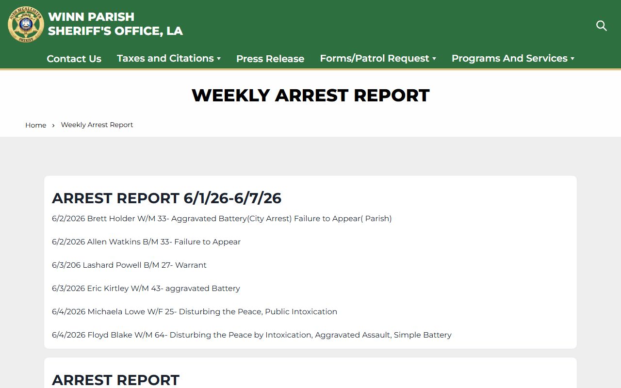 Winn Parish arrest records sheriff weekly arrest report route