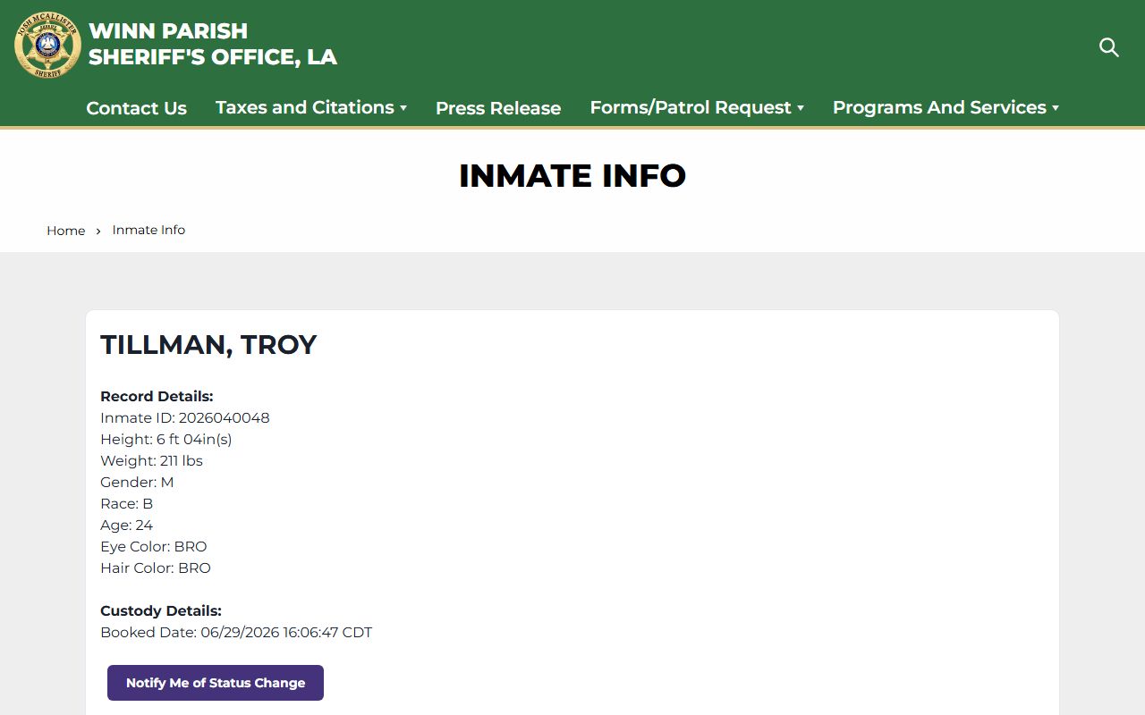 Winn Parish County inmate records sheriff inmate lookup route