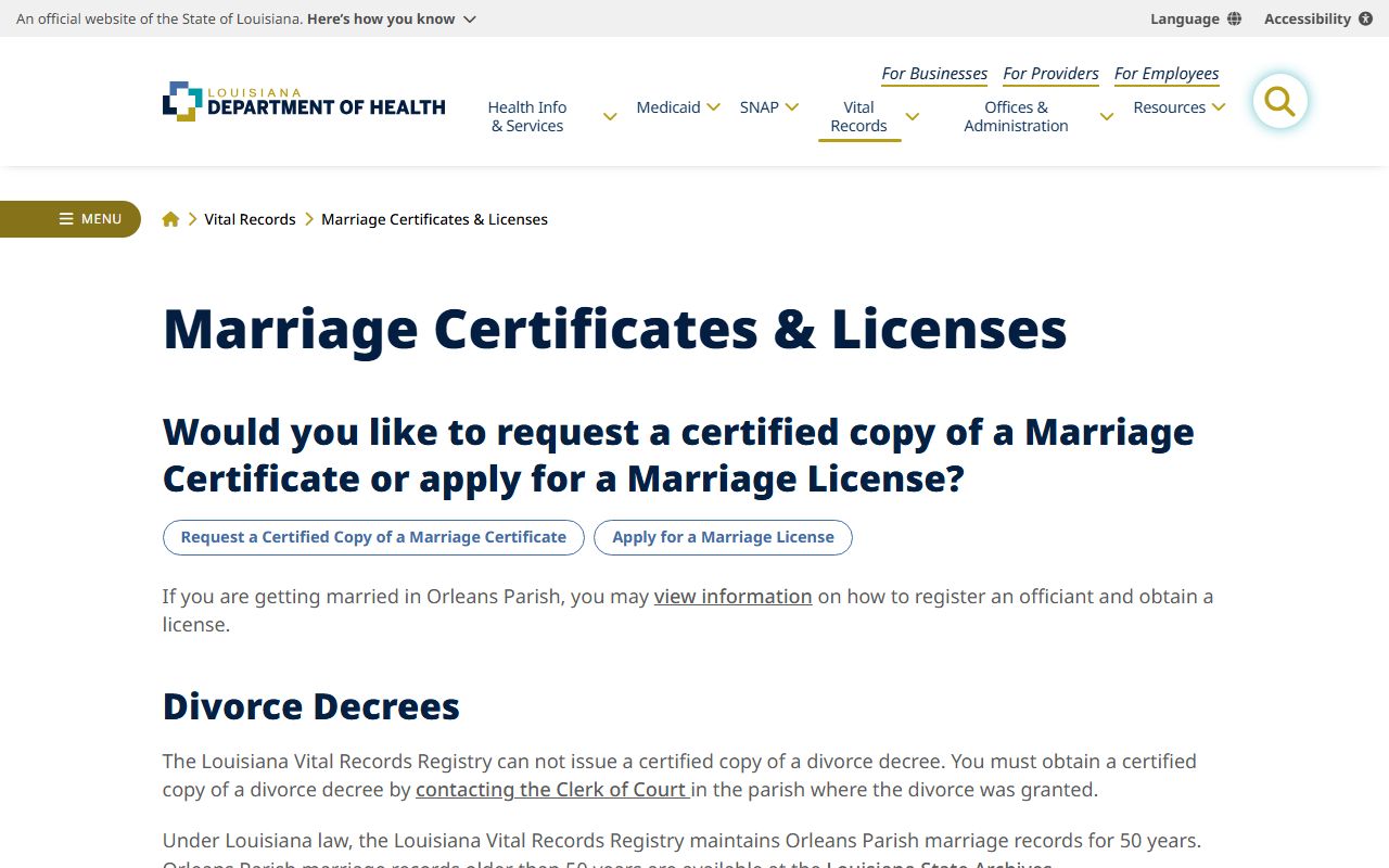 Winn Parish County marriage and divorce records Louisiana Department of Health marriage source
